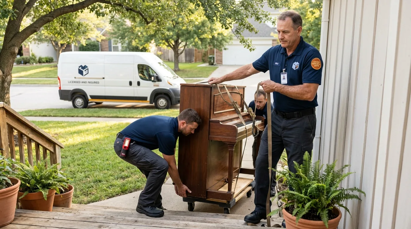 Licensed piano movers securing grand piano in Marrero, LA