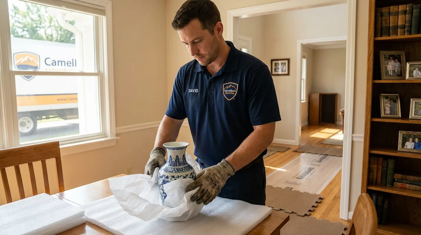 Professional crew carefully wrapping antique vase for senior downsizing move in Marrero, LA